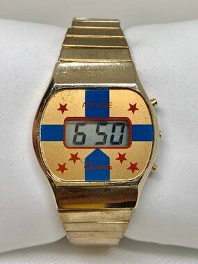 Vintage Amtime gold tone digital LCD watch quartz 32mm stretch bracelet running